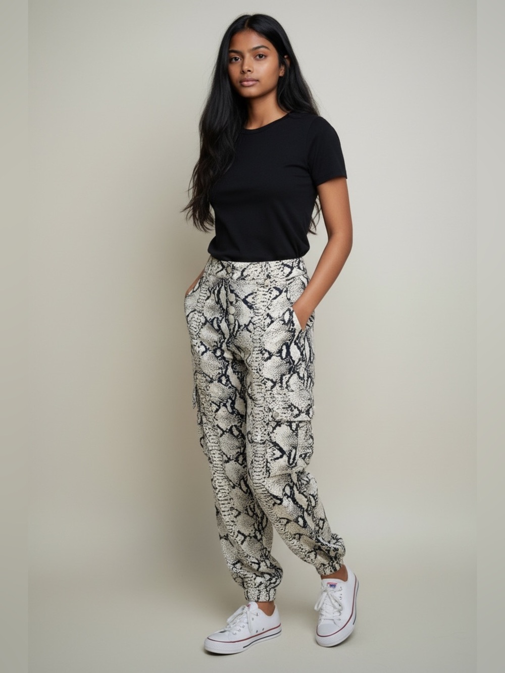 Lioness Snake-Print Cargo Joggers in Black & Cream